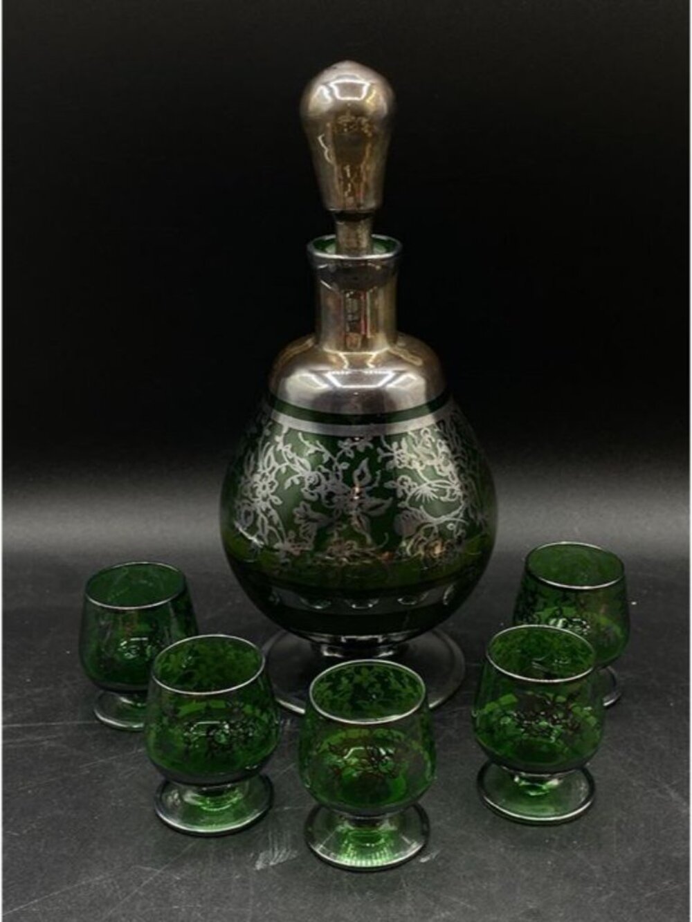 Italian Glass Silver Overlay Floral Pattern Green Decanter and 5 Cordial Glasses - Picture 6 of 12